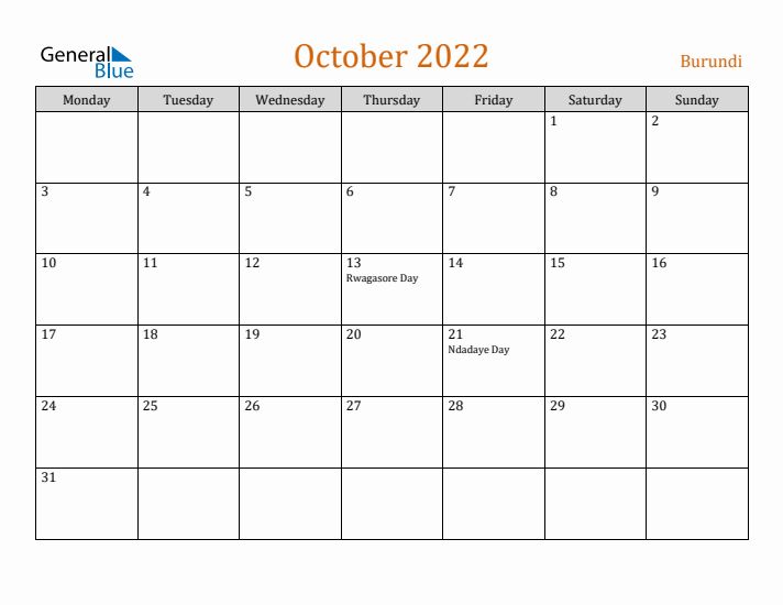 October 2022 Holiday Calendar with Monday Start