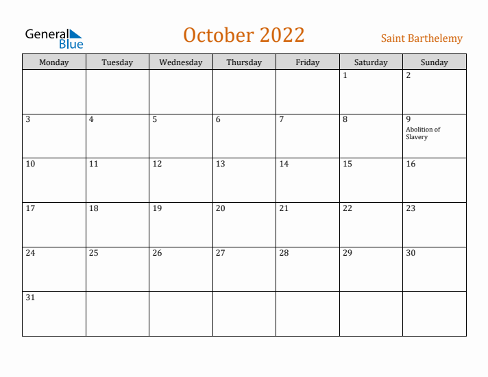 October 2022 Holiday Calendar with Monday Start