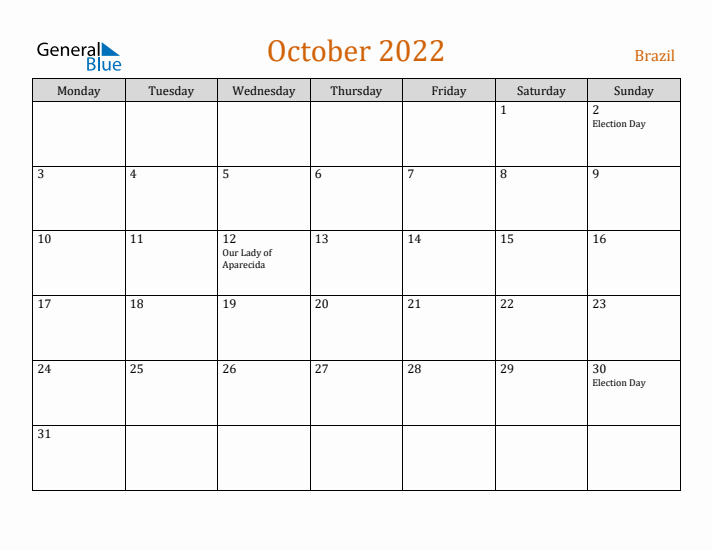 October 2022 Holiday Calendar with Monday Start