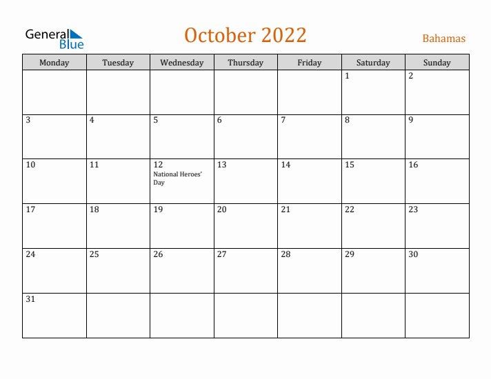 October 2022 Holiday Calendar with Monday Start