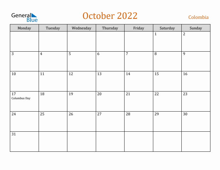 October 2022 Holiday Calendar with Monday Start