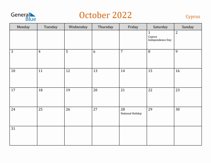 October 2022 Holiday Calendar with Monday Start