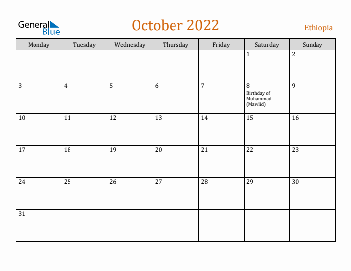 October 2022 Holiday Calendar with Monday Start