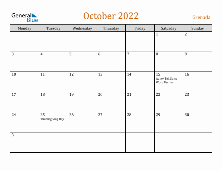 October 2022 Holiday Calendar with Monday Start