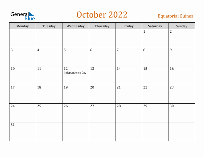 October 2022 Holiday Calendar with Monday Start