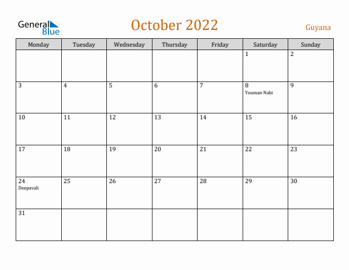 October 2022 Holiday Calendar with Monday Start