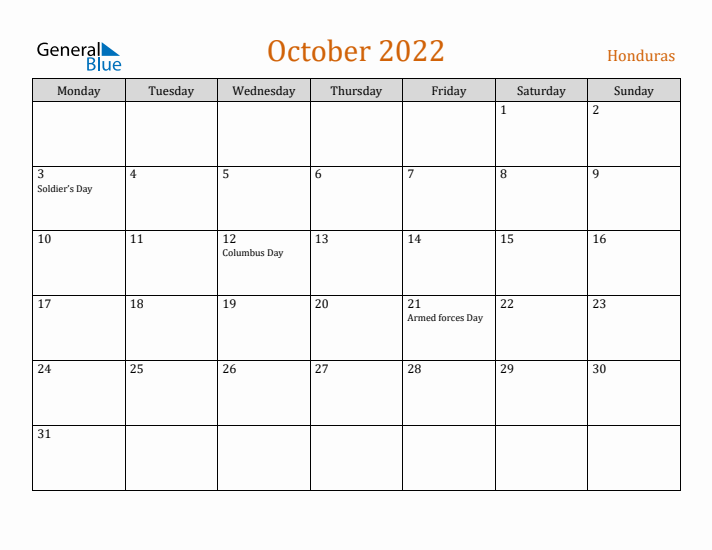 October 2022 Holiday Calendar with Monday Start