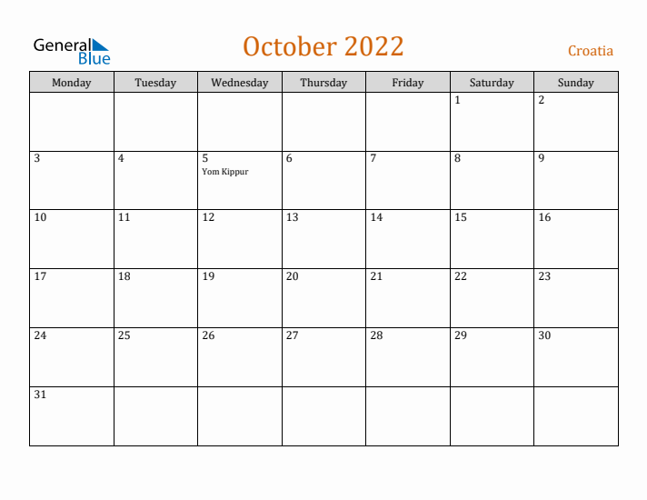 October 2022 Holiday Calendar with Monday Start