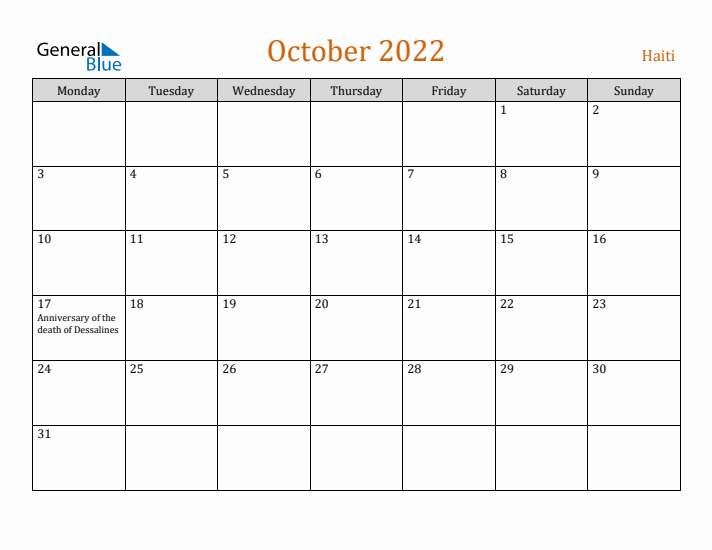 October 2022 Holiday Calendar with Monday Start