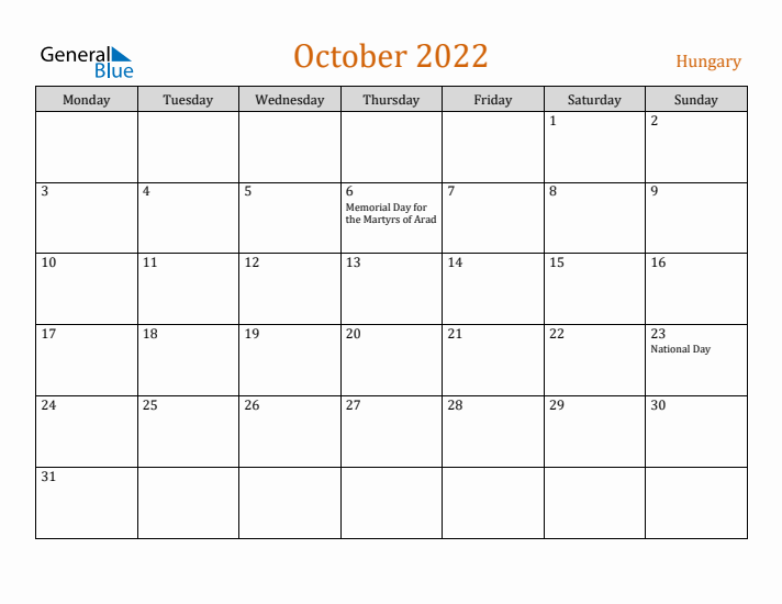 October 2022 Holiday Calendar with Monday Start