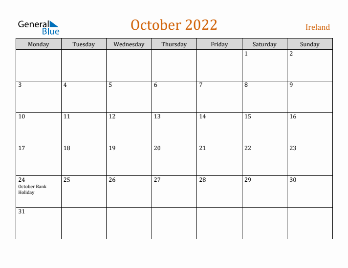 October 2022 Holiday Calendar with Monday Start