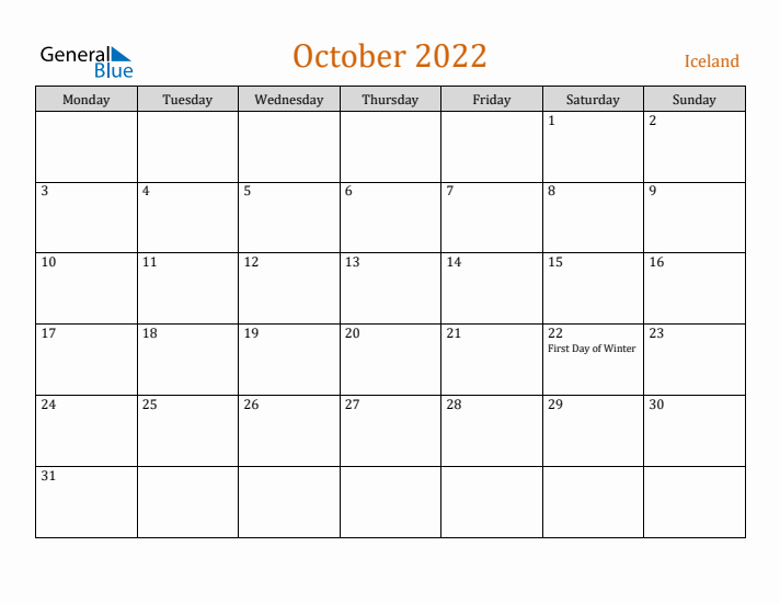 October 2022 Holiday Calendar with Monday Start