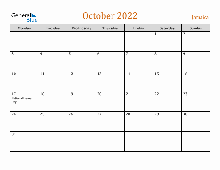 October 2022 Holiday Calendar with Monday Start