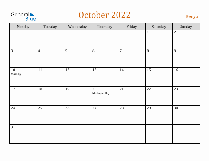 October 2022 Holiday Calendar with Monday Start