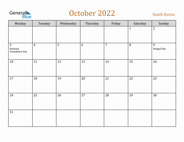 October 2022 Holiday Calendar with Monday Start