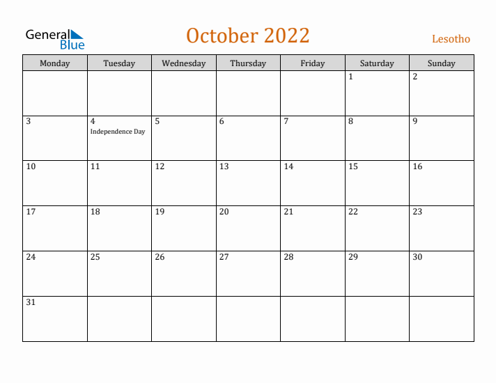 October 2022 Holiday Calendar with Monday Start