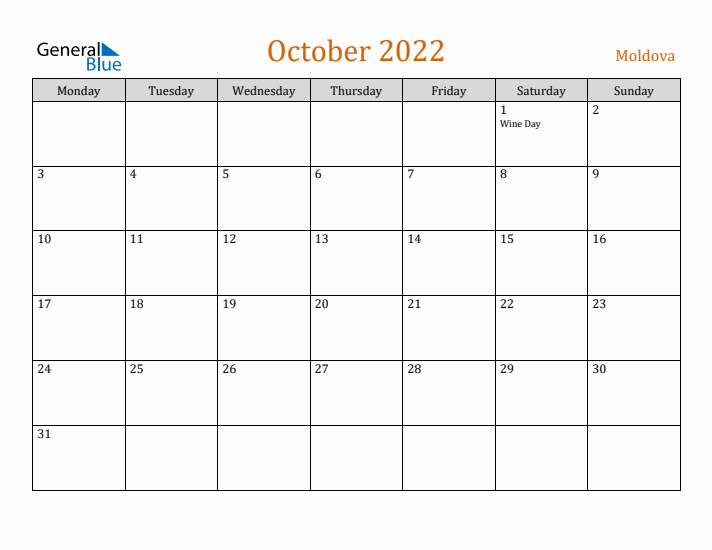 October 2022 Holiday Calendar with Monday Start