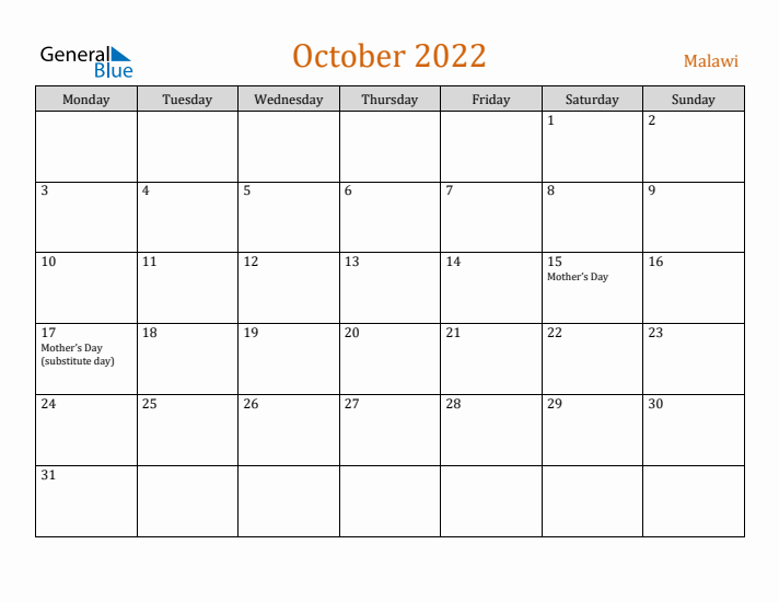 October 2022 Holiday Calendar with Monday Start