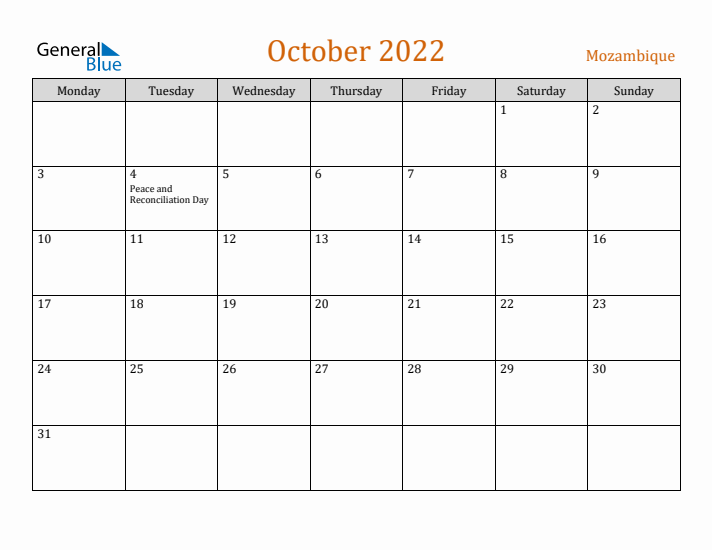 October 2022 Holiday Calendar with Monday Start