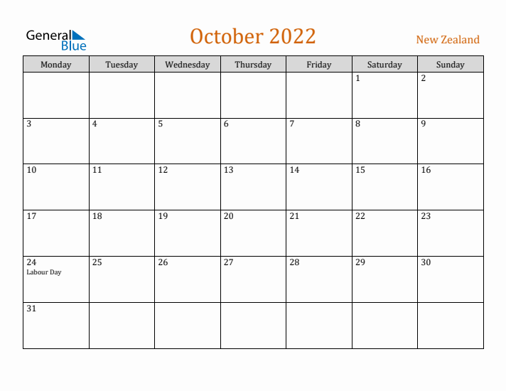 October 2022 Holiday Calendar with Monday Start