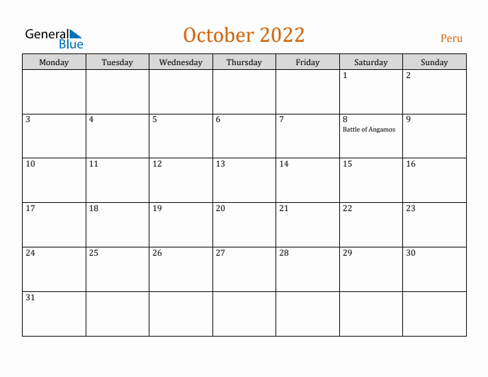 October 2022 Holiday Calendar with Monday Start