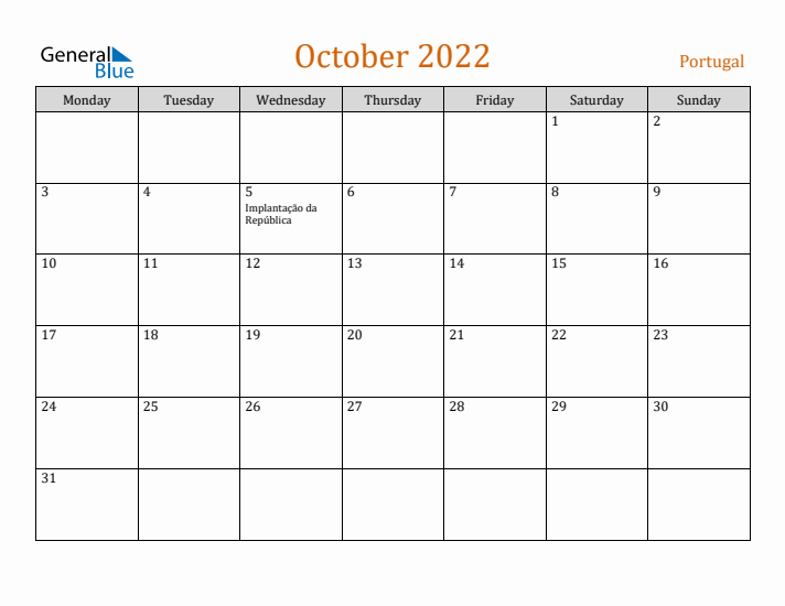 October 2022 Holiday Calendar with Monday Start