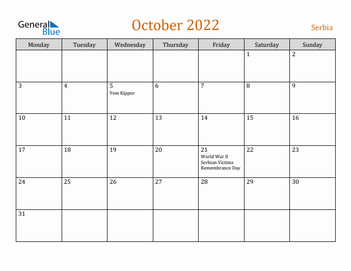 October 2022 Holiday Calendar with Monday Start