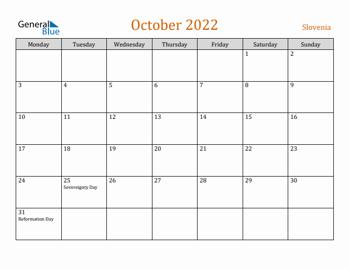 October 2022 Holiday Calendar with Monday Start