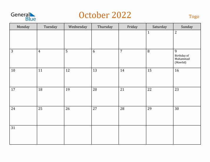 October 2022 Holiday Calendar with Monday Start