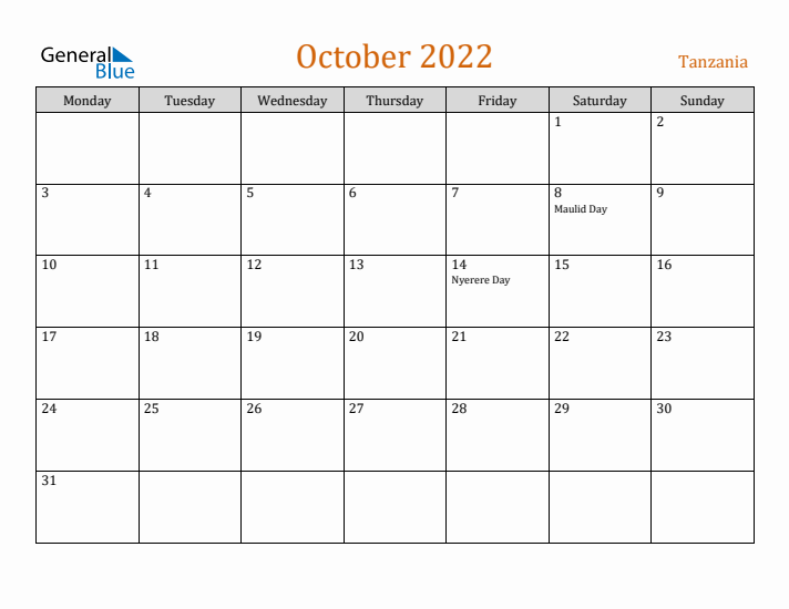 October 2022 Holiday Calendar with Monday Start