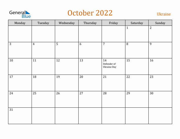 October 2022 Holiday Calendar with Monday Start