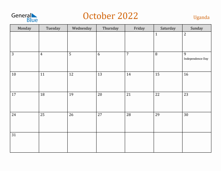 October 2022 Holiday Calendar with Monday Start