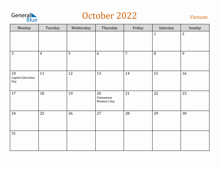 October 2022 Holiday Calendar with Monday Start