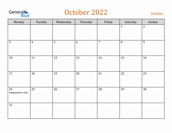 October 2022 Holiday Calendar with Monday Start