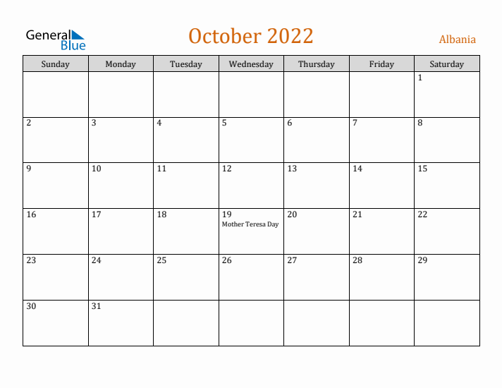 October 2022 Holiday Calendar with Sunday Start