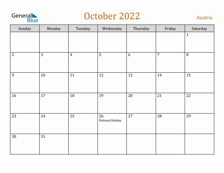 October 2022 Holiday Calendar with Sunday Start