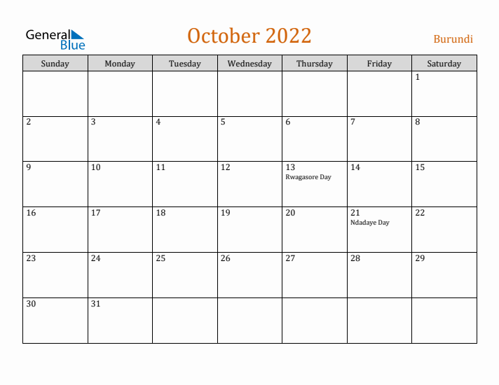 October 2022 Holiday Calendar with Sunday Start