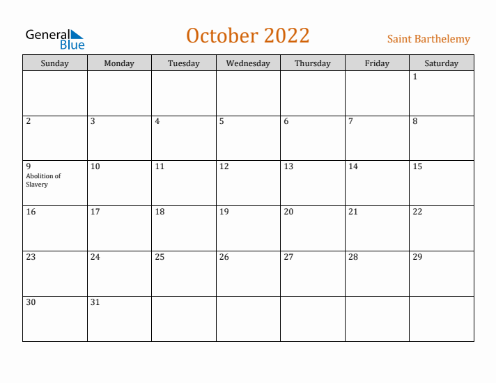 October 2022 Holiday Calendar with Sunday Start