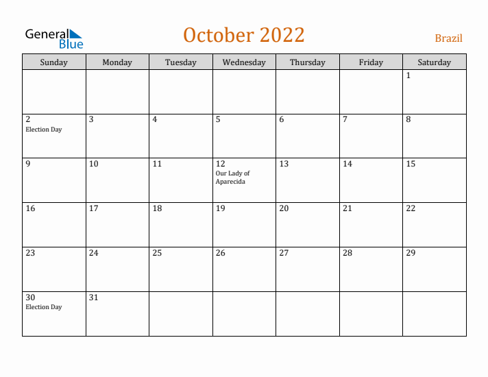 October 2022 Holiday Calendar with Sunday Start