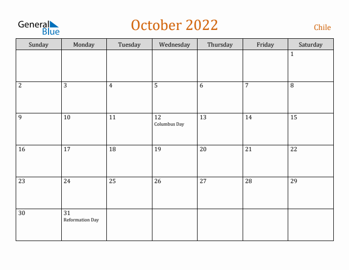 October 2022 Holiday Calendar with Sunday Start