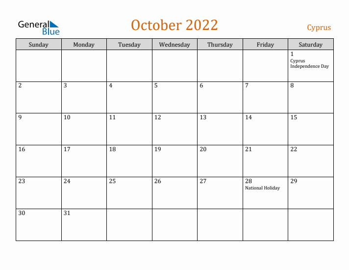 October 2022 Holiday Calendar with Sunday Start