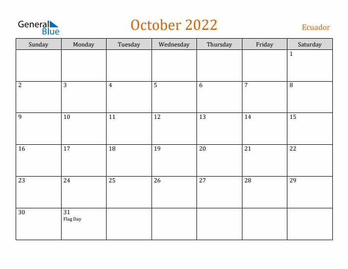 October 2022 Holiday Calendar with Sunday Start