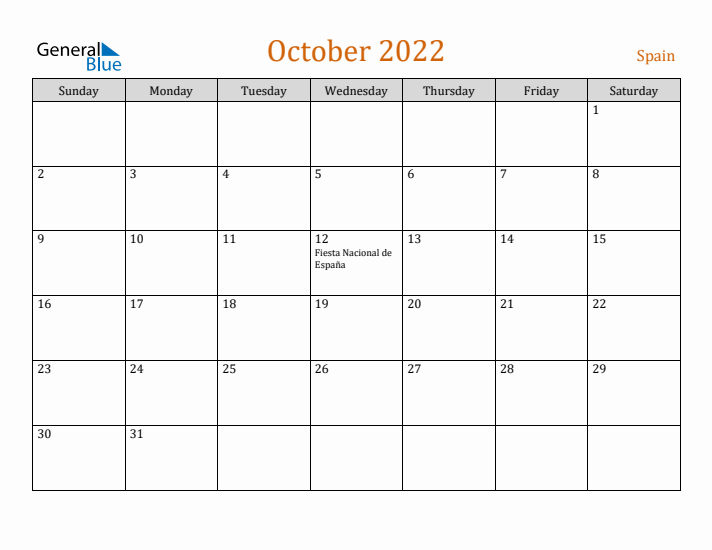 October 2022 Holiday Calendar with Sunday Start