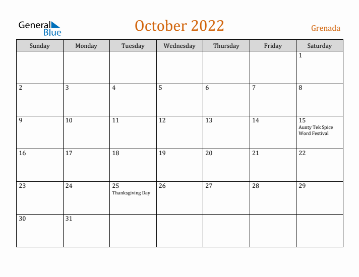 October 2022 Holiday Calendar with Sunday Start