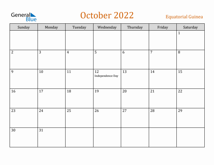 October 2022 Holiday Calendar with Sunday Start