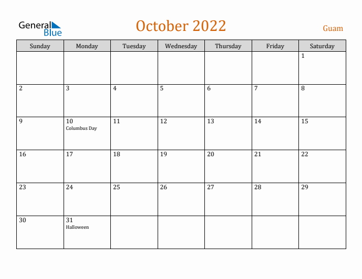 October 2022 Holiday Calendar with Sunday Start