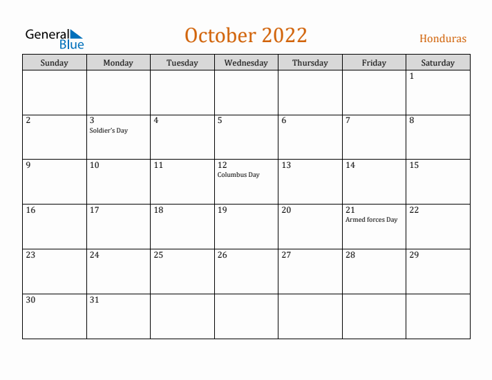 October 2022 Holiday Calendar with Sunday Start