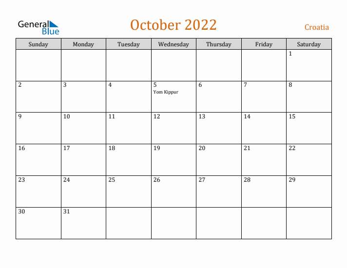 October 2022 Holiday Calendar with Sunday Start