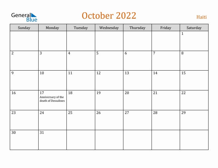 October 2022 Holiday Calendar with Sunday Start