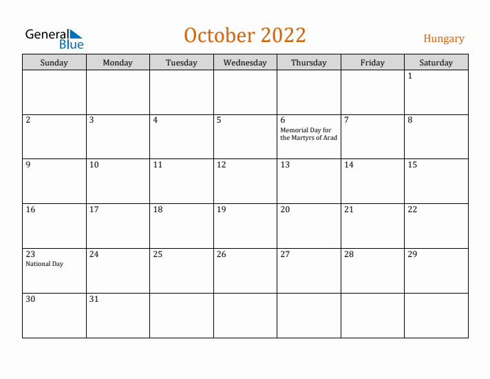 October 2022 Holiday Calendar with Sunday Start